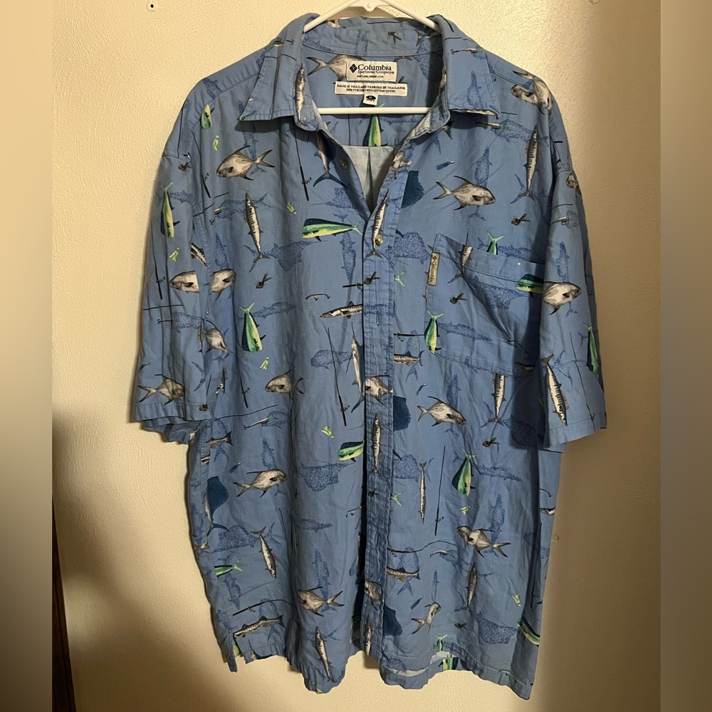 COLUMBIA Casual Cotton Blend Fish Graphic Print Button Down Blue Men's Size XL‎